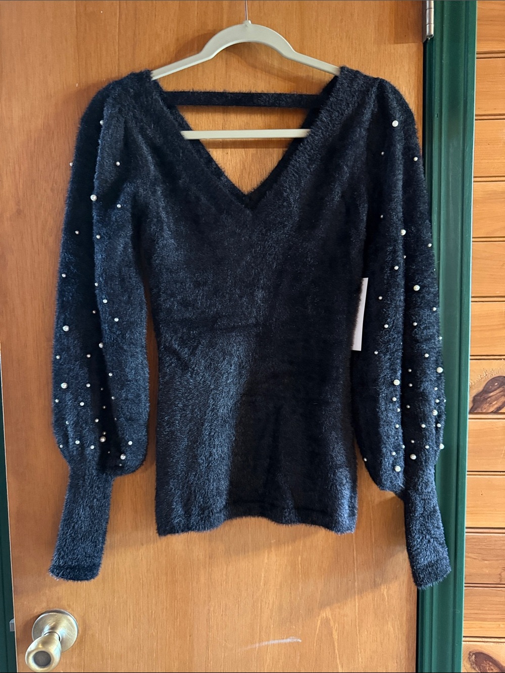 Fuzzy Venus V-Neck Sweater with Pearl Sleeve Detail